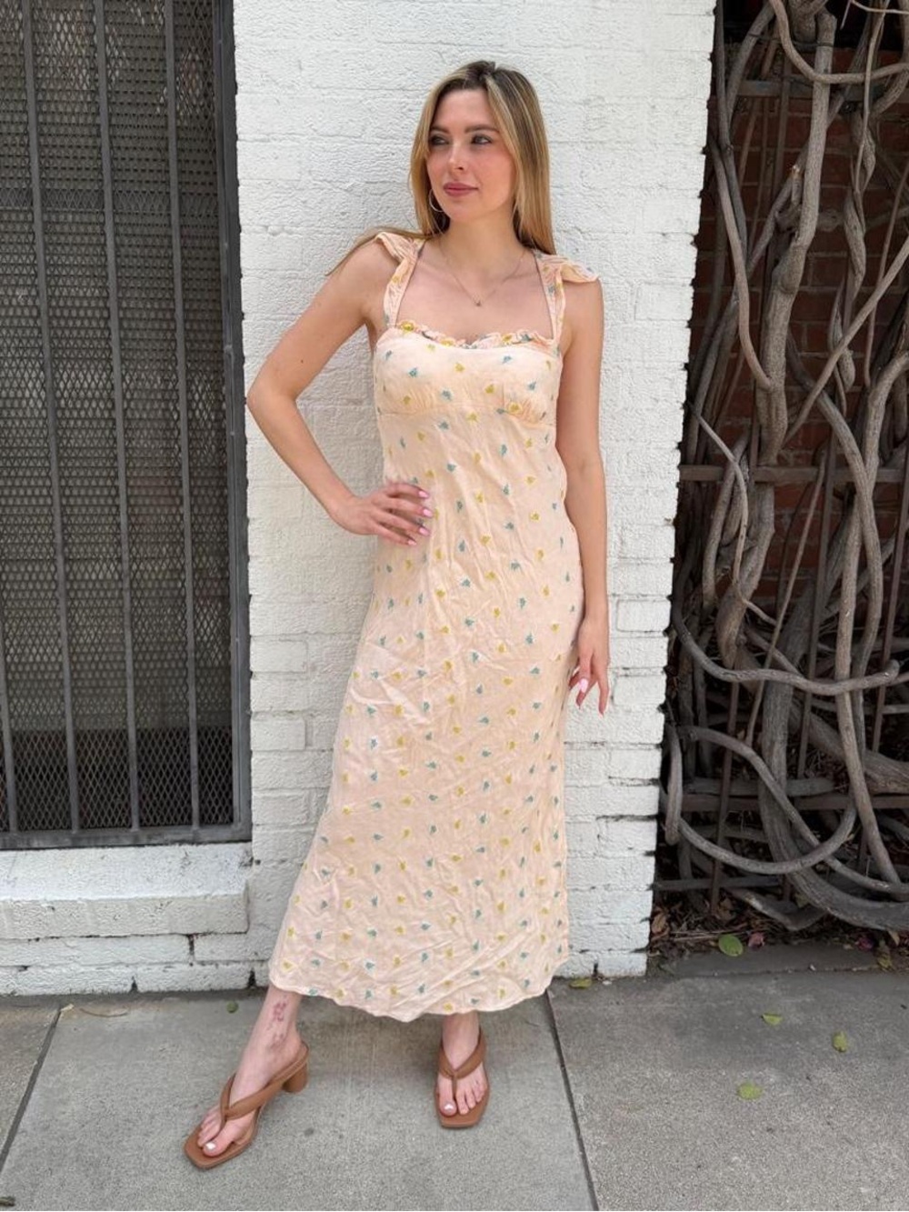 Anthropologie Cream floral bohemian maxi dress with ruffle straps open tie back